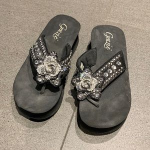 Comfy black slip on sandals with rhinestones